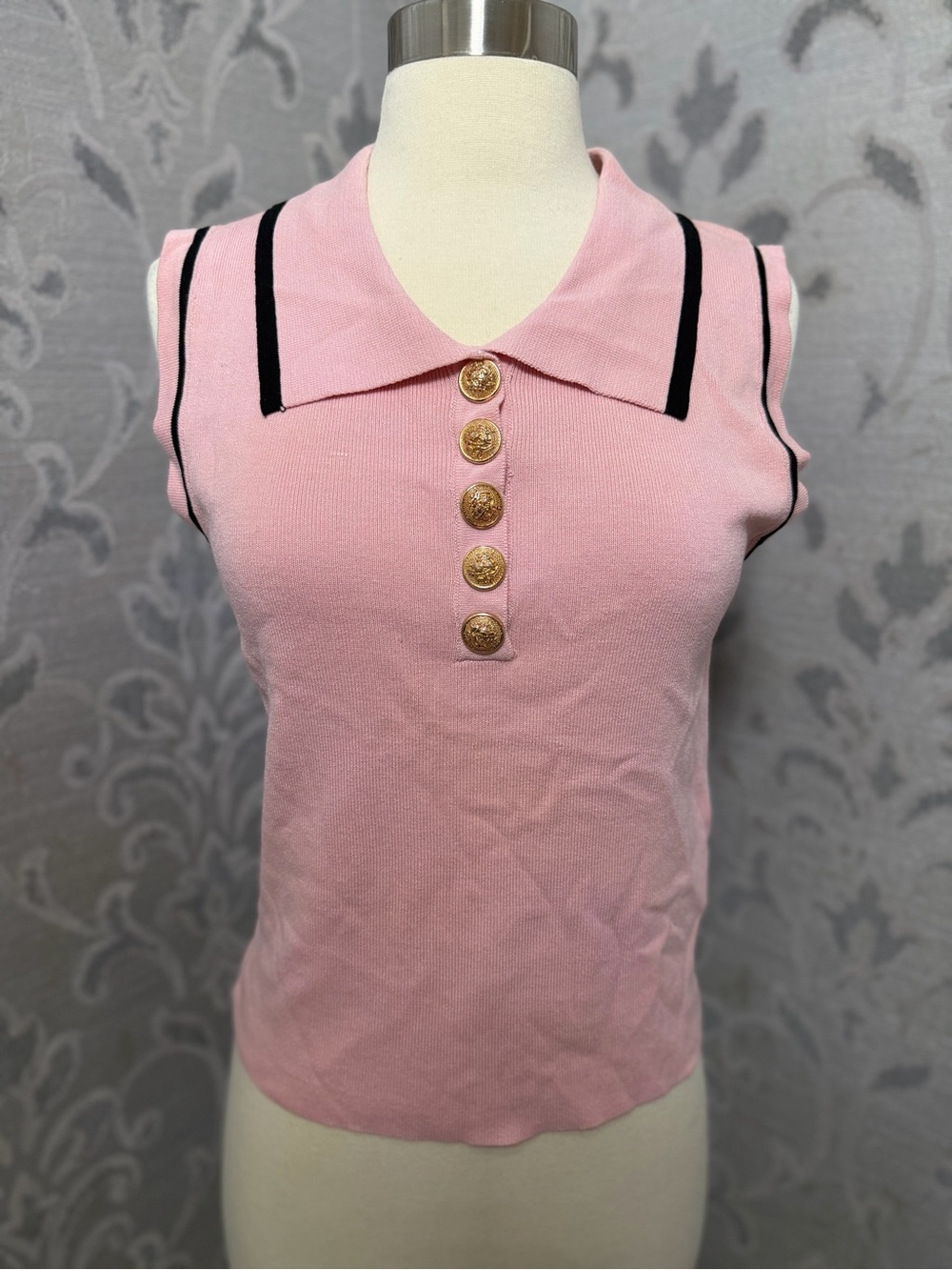 Sleeveless Pink Knit Polo Tank with Gold Button Placket